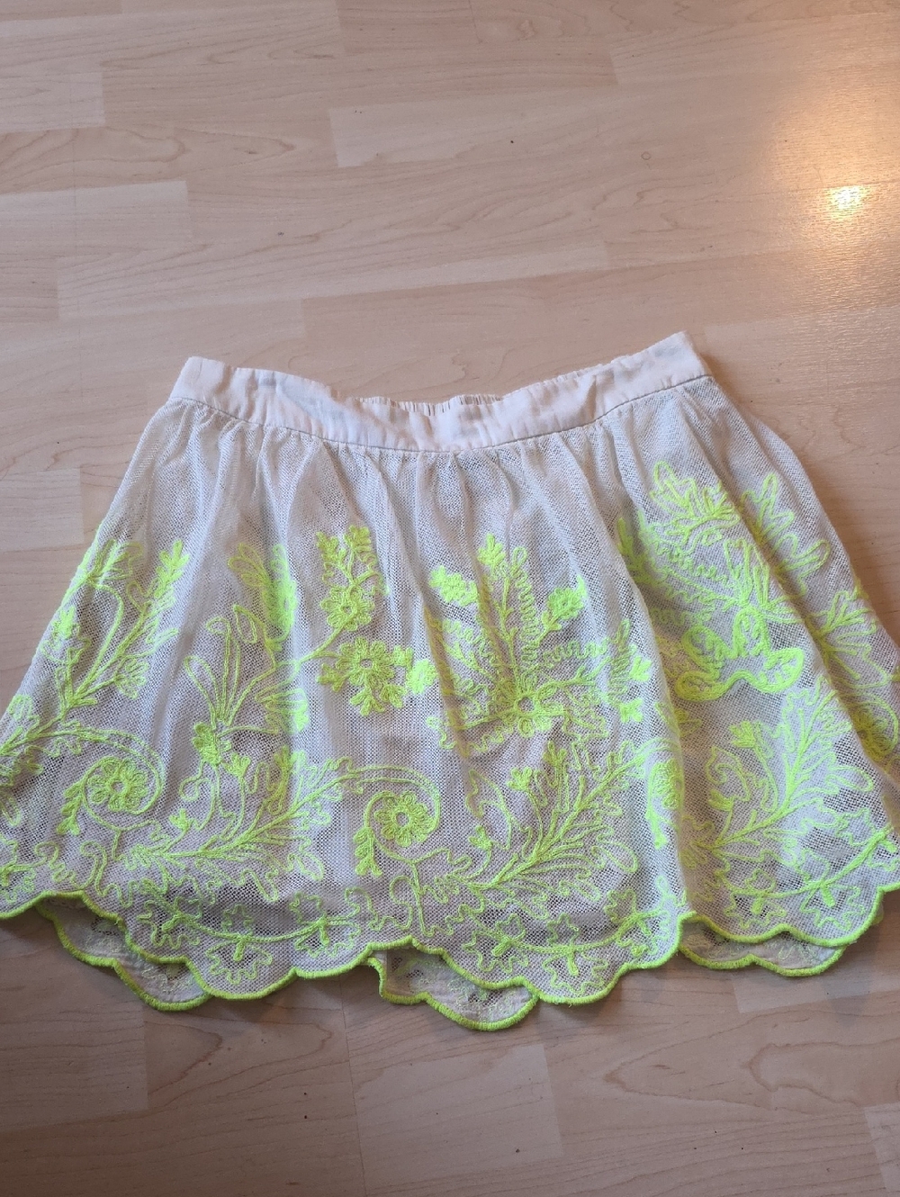 Anthropologie Cream Circle Skirt with Neon Yellow Floral Embroidery
